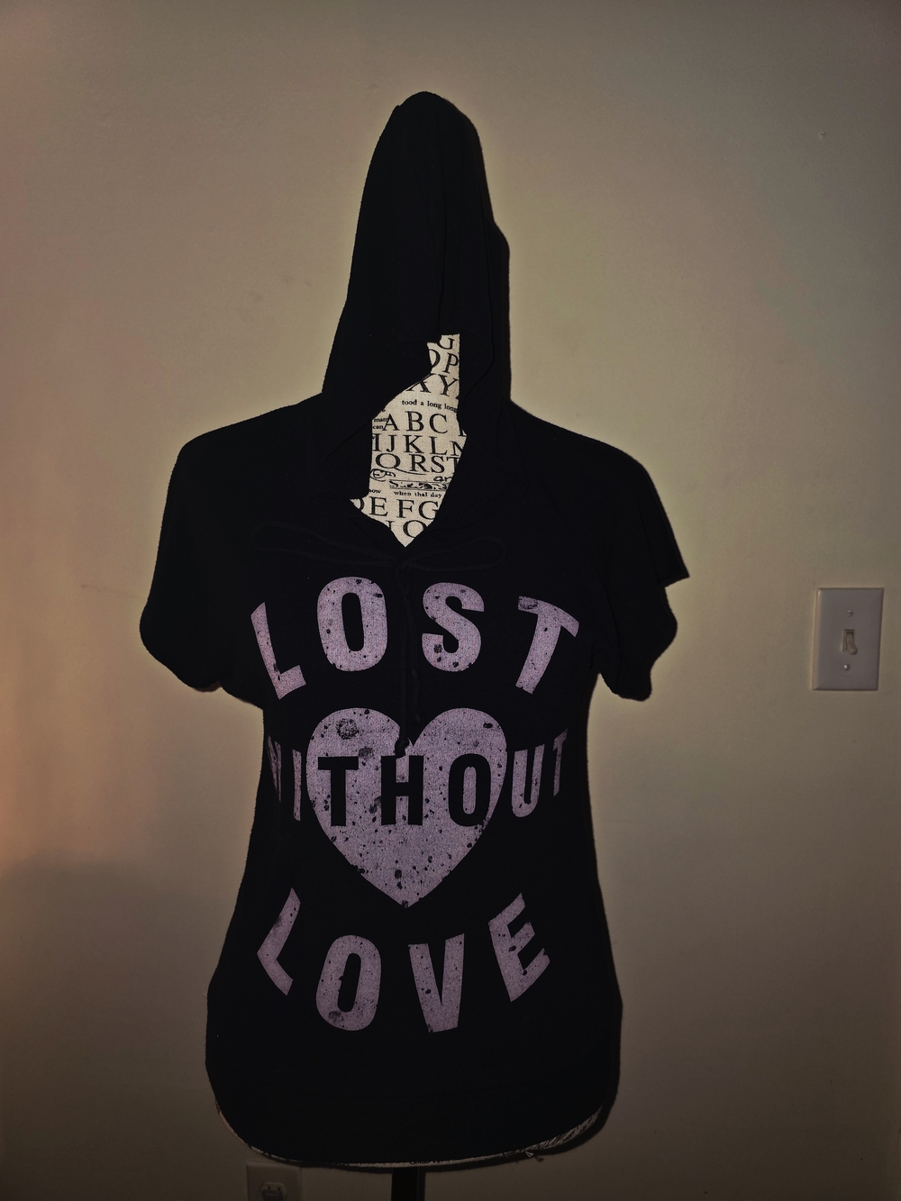 Navy Blue Short Sleeve Hooded Top Lost Without Love Pink Heart Graphic